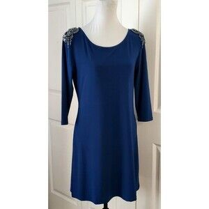 Serena Williams Signature Statement Dress Blue Accent Beaded Shoulders Sz M EUC